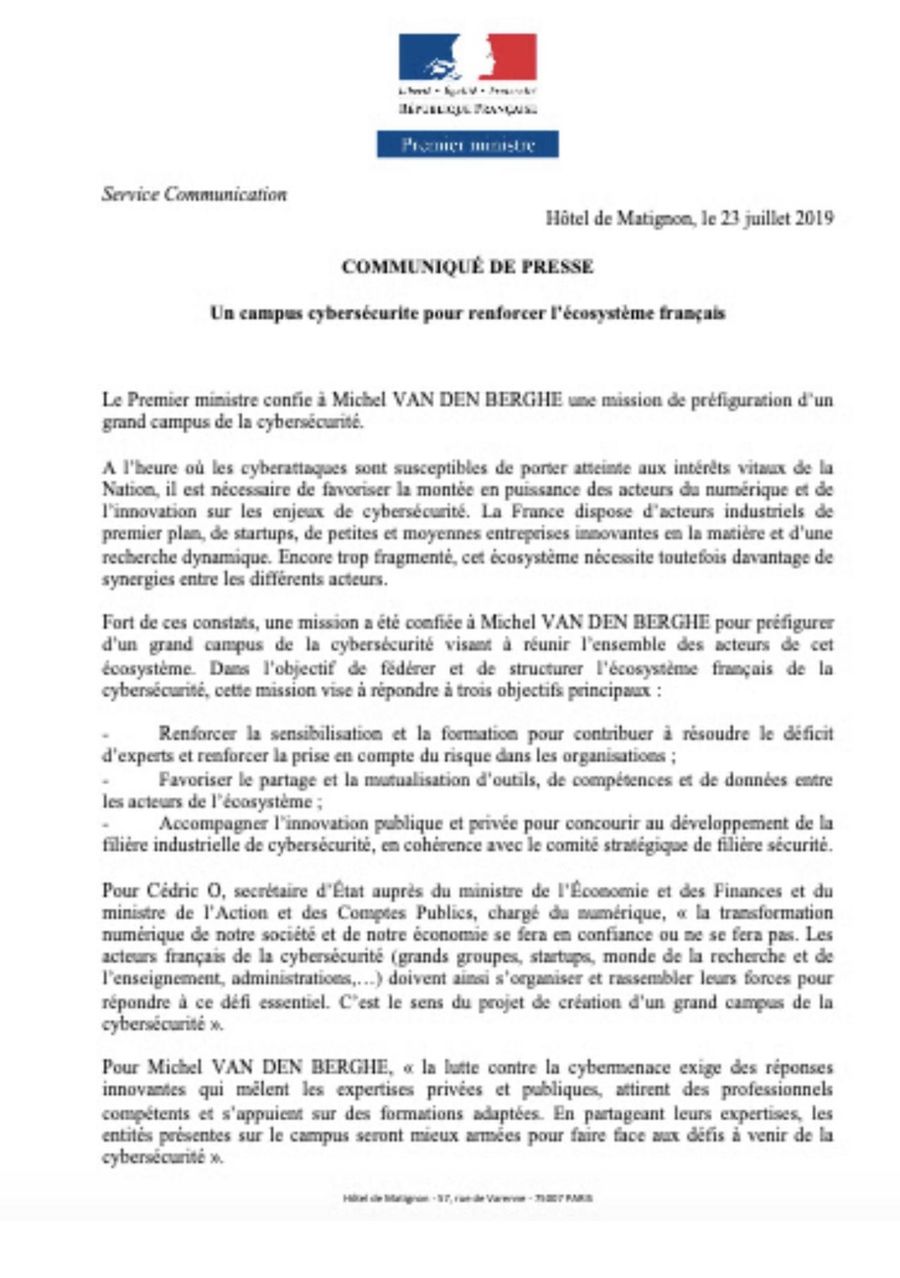 Communiqué de presse du Premier ministre daté du 23 juillet 2019, annonçant la mission de préfiguration d’un campus de la cybersécurité confiée à Michel Van Den Berghe.