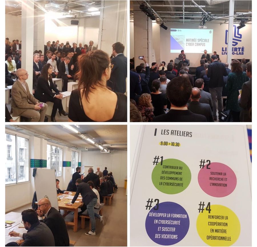 Quatre photos d’un atelier de co-design au Liberté Living-Lab : public assis en réunion, écran « Matinée spéciale Cyber Campus », tables de travail en petits groupes, et affiche présentant quatre ateliers thématiques.
