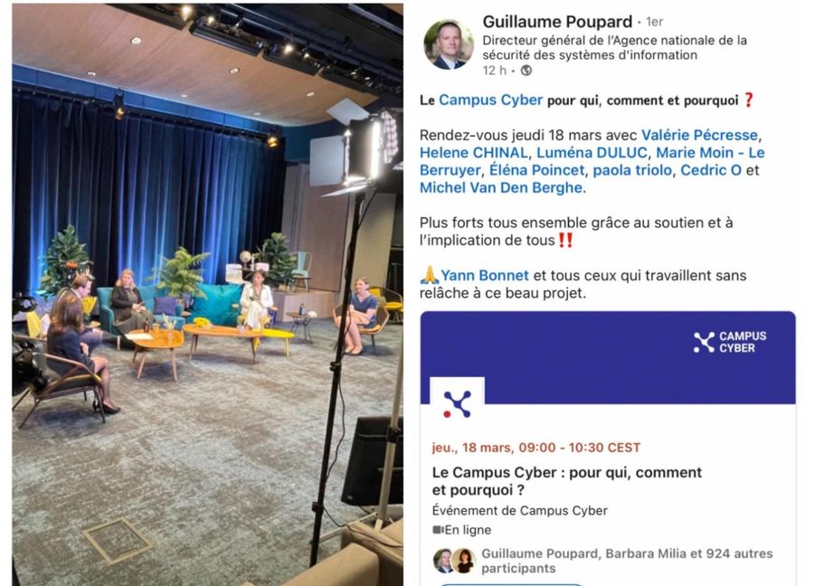 Deux images d’un événement en ligne sur le Campus Cyber : plateau de tournage avec intervenants assis en cercle, et publication LinkedIn de Guillaume Poupard annonçant la session.