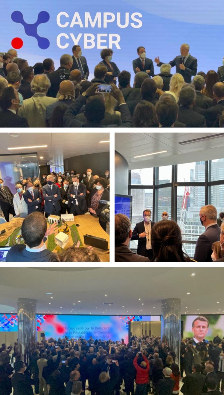 Quatre photos du jour de l’inauguration : logo Campus Cyber projeté devant une assemblée, maquette du bâtiment entourée de visiteurs, vue depuis un bureau donnant sur le chantier, et grande salle comble avec écran géant.
