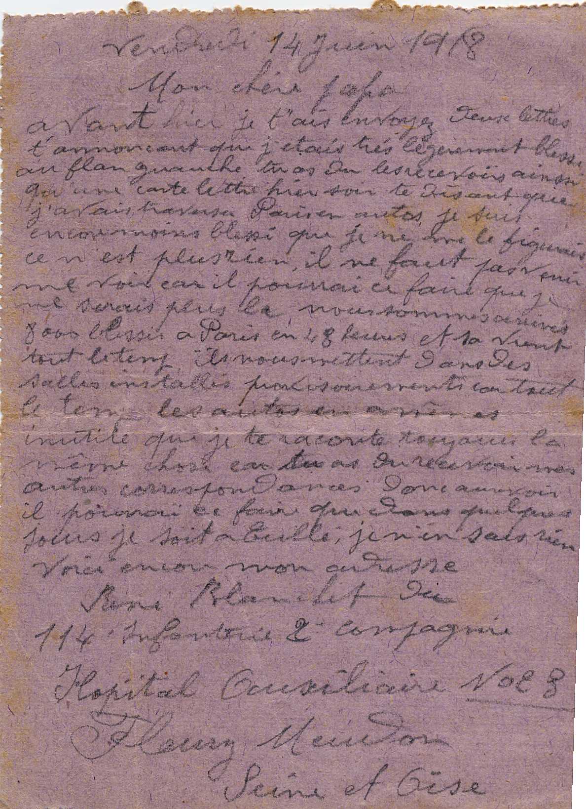 Lettre du 14 juin 1918, écrite de l'hôpital